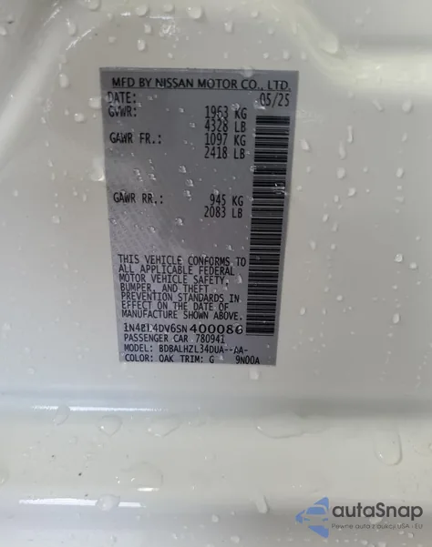 2025 Nissan Altima Sv from USA, damaged, VIN 1N4BL4DV6SN400086